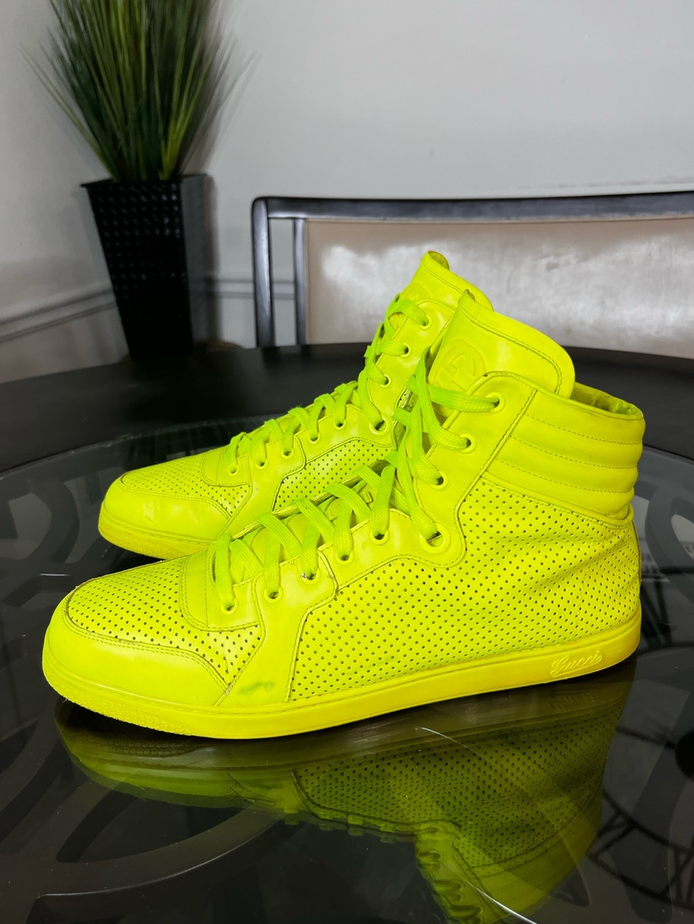 Gucci Coda Giallo Fluo Neon Yellow High-Top Sneakers Sz 14.5